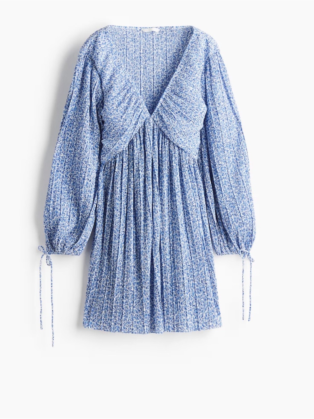 H&M Light Blue Pleated V-Neck Long Sleeve Mini Dress